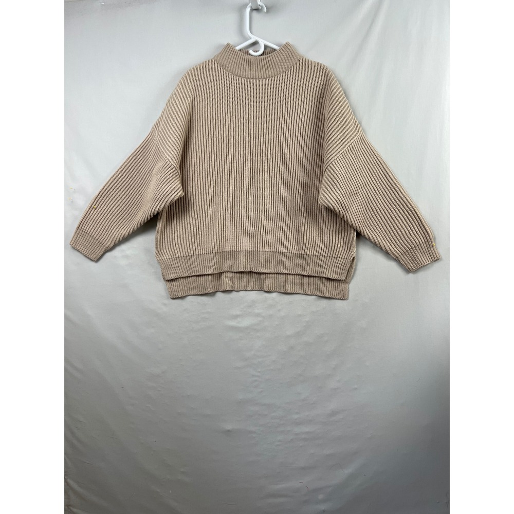 Topshop Sweater Womens Medium Tan Beige Ribbed Mock Neck Oversized High Low Hem